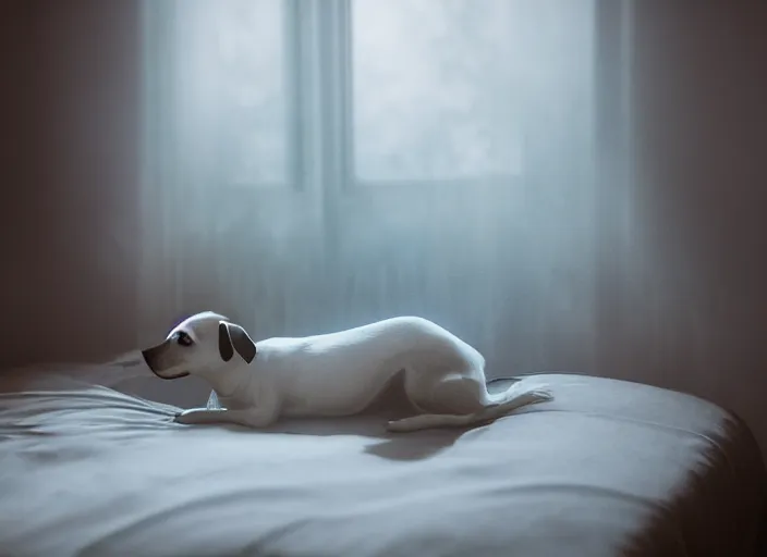 Prompt: photography of a Jack Russel watching outside the window on a bed in a 3d rendered white room, octane render, 3d, foggy, volumetric light, volumetric fog, photorealistic, unreal engine 5, award winning photo, 100mm, sharp, cloth, high res