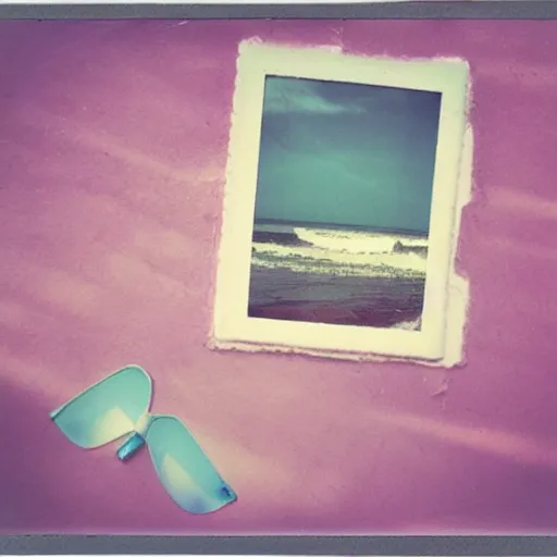 Image similar to a pastel colour Polaroid photo from a holiday album at a seaside, all objects made of transparent iridescent Perspex no people, nostalgic