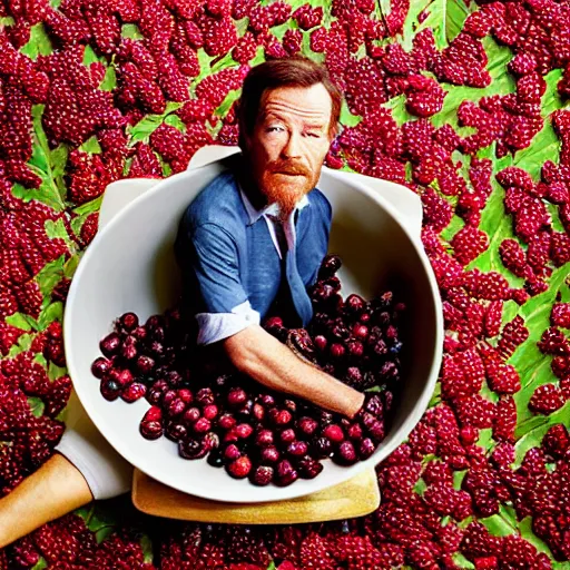 Image similar to tiny bryan cranston's body is a bowl of cranberries, head emerging from cranberries, submerged in cranberries, natural light, sharp, detailed face, magazine, press, photo, steve mccurry, david lazar, canon, nikon, focus