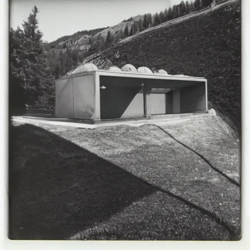 Image similar to a swiss underground bunker project for protection of every swiss residence in the cold war, medium, strong, boulder bunker, 6 0 s, polaroid