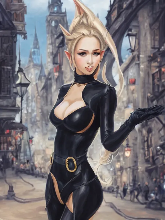 Prompt: picture of an elf lady, wearing a skintight black catsuit, waist - reaching ponytail, blonde, white skin, thin waist, medieval city background, highly detailed, smooth, sharp focus, digital illustration, by rossdraws