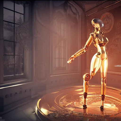 Prompt: octane render, a complex high poly cinematic 3 d model of a giant robotic android woman made out of porcelain with golden grout, jewel tone glowing eyes, fiber optic hair, inside a black rococo palace, 8 k, unreal enging, cinema 4 d, cinematic angle