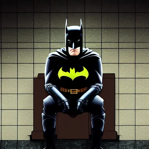 Image similar to low - angle shot of batman sitting on a toilet, dirty tiles in the wall, claustrophobic room, digital art, dramatic lights, realistic, very very detailed, 4 k, dark colours