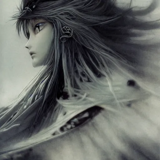 Image similar to yoshitaka amano blurred and dreamy realistic illustration of an anime girl with wavy white hair and cracks on her face wearing elden ring armour with the cape fluttering in the wind, abstract black and white patterns on the background, noisy film grain effect, highly detailed, renaissance oil painting, weird portrait angle