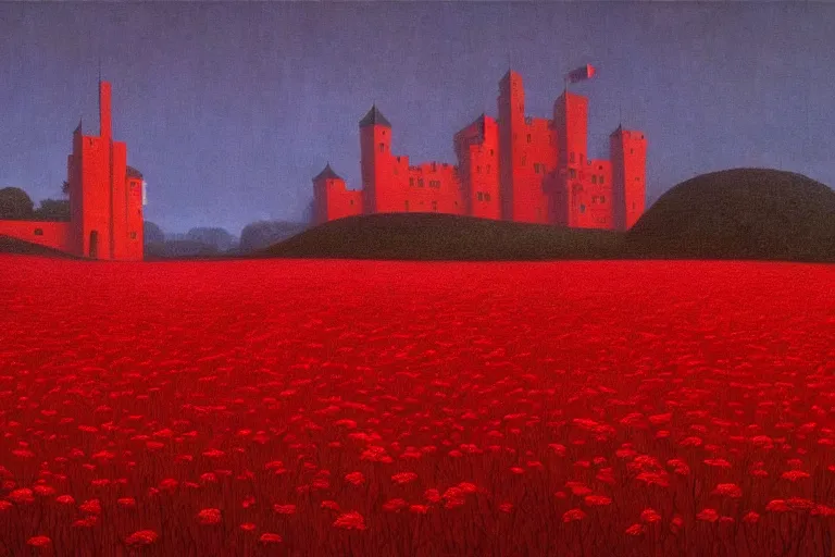 Image similar to only with red, red flowers of different types, a castle in the background, red giants rest over the flowers, in the style of beksinski, part by hopper, part by rodcenko, part by hofbauer, intricate composition, red by caravaggio, insanely quality, highly detailed, masterpiece, red light, artstation, 8 k