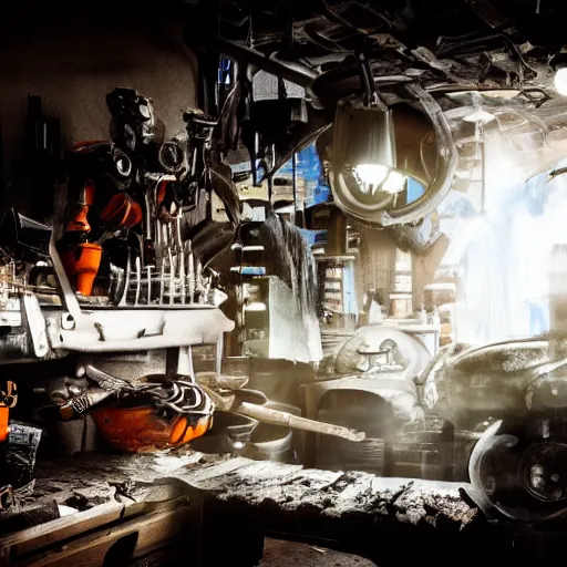 Image similar to cutlery mecha, dark messy smoke - filled cluttered workshop, dark, dramatic lighting, orange tint, cinematic, highly detailed, sci - fi, futuristic, movie still