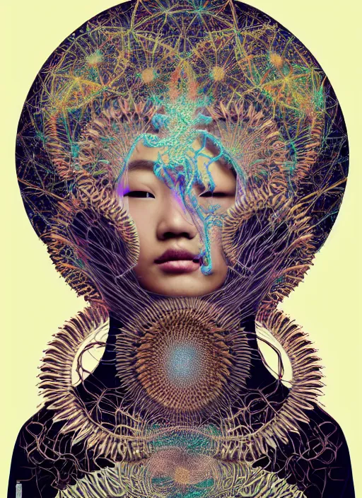 Prompt: ridiculously beautiful young asian woman tripping, snake fractals radiating from head with sacred geometry, cosmic, natural, awakening, symmetrical, in the style of ernst haeckel, effervescent, warm, photo realistic, epic and cinematic