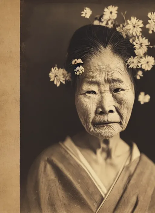 Image similar to a wet plate portrait of a old asiatic woman, geisha, traditional dress, flowers, photorealistic, cinematic light, highly detailed, smooth, sharp focus, illustration, shallow depth of field