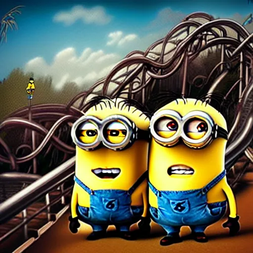 Image similar to Minions on a roller coaster, concept art, highly detailed, digital art