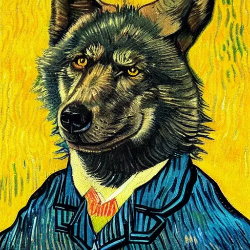 Prompt: retarded wolf portrait, painting, van gogh style, detailed portrait, full frame
