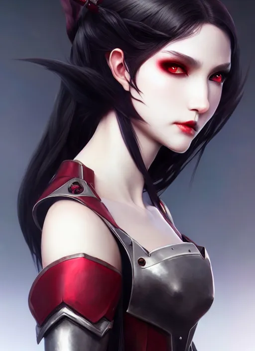 Image similar to full plate armor!!! beautiful and elegant dark hair female vampire!! gorgeous ayes!! character concept art, sharp focus, octane render! unreal engine 5! highly rendered!! trending on artstation!! detailed linework!! illustration by artgerm, wlop, and chie yoshii