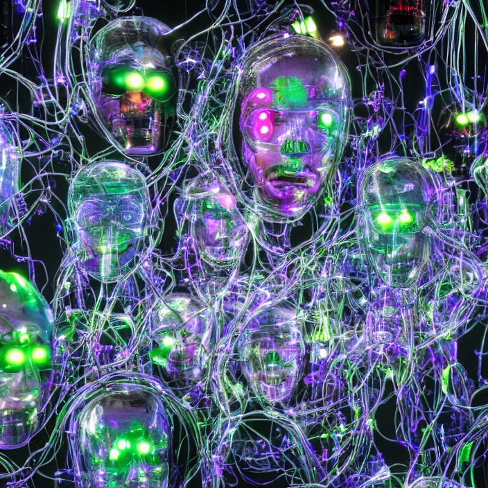 Prompt: a bunch of translucent cyborg man's heads which looks like wires, neon lights, rgb led diodes, jellyfish and radio parts scattered on the floor of the dark corner of the warehouse, high resolution, sci - fi, cyperpunk, bio - mechanical bio - luminescence, 8 k