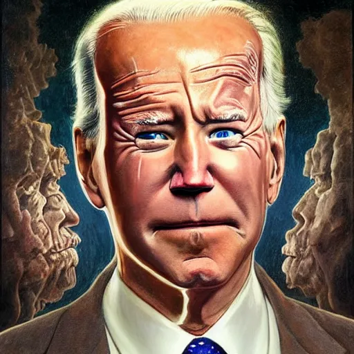 Prompt: terrifying, surreal portrait of joe biden with face sloughing off to reveal robot underneath l by j. c. leyendecker, bosch, william blake, stephen gammell, jon mcnaughton, and beksinski