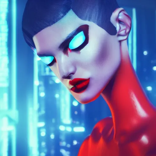 Image similar to Model-looking woman in color, cyberpunk era 2077, red hair, coral lips blue shadow, Edward Hopper style