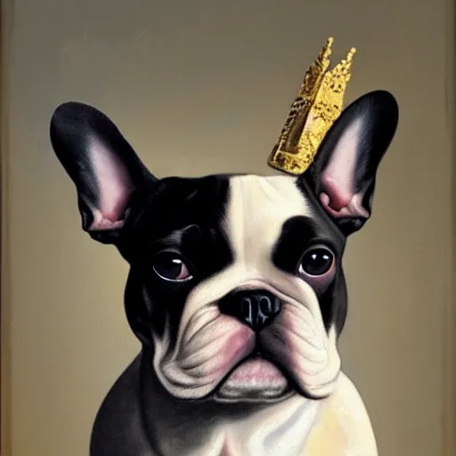 Prompt: a renaissance style portrait painting of a small mostly white female french bulldog, wearing a crown and cape, dark background. trending on artstation.