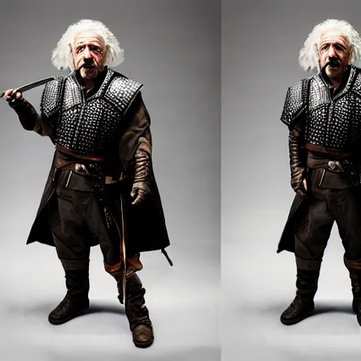 Image similar to einstein wearing Geralt of Rivia's armor, promo shoot, studio lighting,