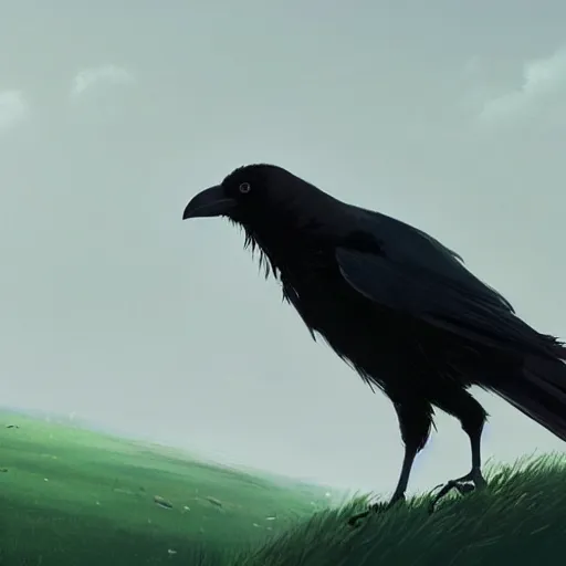 Prompt: a wholesome animation key shot of a crow on a hill, very coherent art, portrait shot, studio ghibli, pixar and disney animation, sharp, anime key art by greg rutkowski, bloom, dramatic lighting