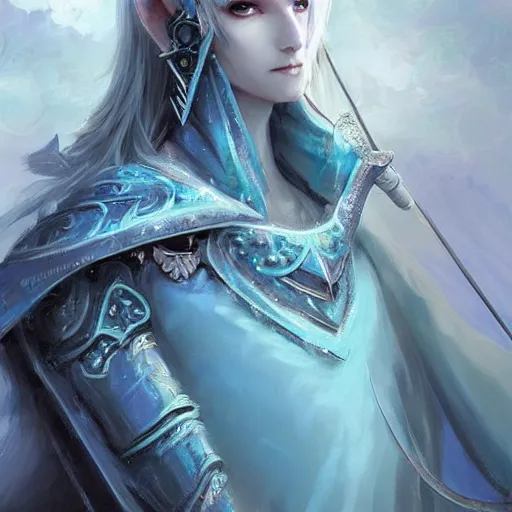 Prompt: handsome male snow elf in a turquoise cape and silver ornate armour as an archer, albino skin, pointed ears, ethereal opalescent mist, moonlight snow, fantasy art, perfect face, elegant, very coherent symmetrical artwork, atmospheric lighting, rule of thirds, by wenjun lin, krenz cushart, charlie bowater, trending on artstation