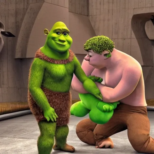 Image similar to mark zuckerberg and shrek wrestling