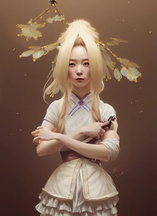 Prompt: symmetry!! portrait of a pretty japanese girl with blonde hair dressed as a french maid skateboarding, elegant, highly detailed, digital painting, 8 k, concept art, smooth, sharp focus, illustration, ethereal, misty, octane render, by ruan jia and greg rutkowski and alphonse mucha