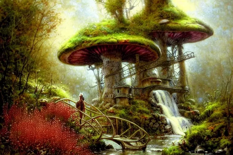 Prompt: adventurer ( ( ( ( ( 1 9 5 0 s retro future steam turbine and mill in forrest of giant mushrooms, moss and flowers stone bridge waterfall. muted colors. ) ) ) ) ) by jean baptiste monge!!!!!!!!!!!!!!!!!!!!!!!!! chrome red