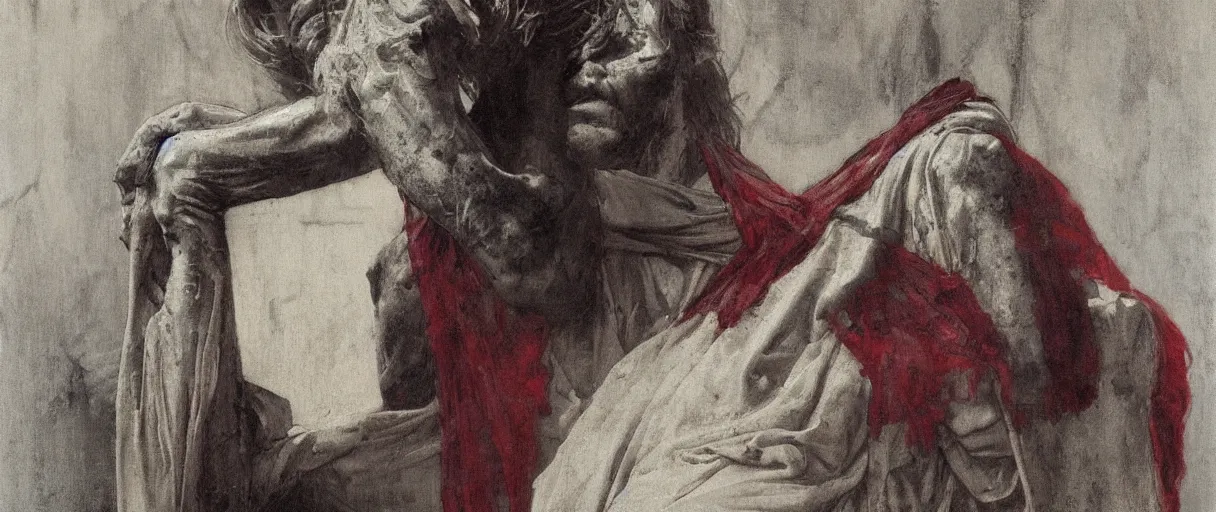 Prompt: the end is near. a tired julius caesar is sitting on a throne. face is highly detailed. splices of red are running down his toga. mist. close - up shot. dark background. soft light. imagined by jeremy lipking and alphonse mucha