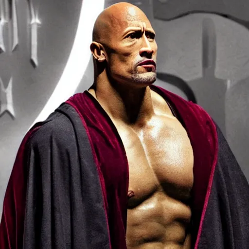 Image similar to dwayne johnson as harry potter character, wearing a wizard robe, full body shot, highly - detailed, sharp focus, award - winning