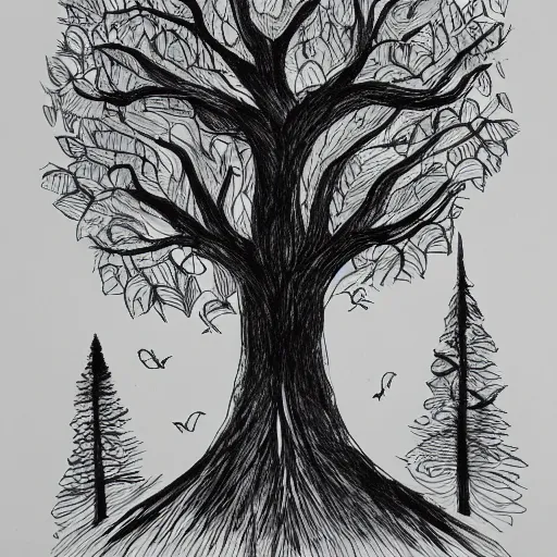 Prompt: heart of the forest, sketch, illustration, cross hatched, black ink on white paper