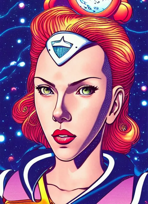 Prompt: perfectly centered realistic portrait of scarlett johansson as a sailor moon, futuristic, dark, highly detailed, 8 0 - s style, sharp focus, illustration, art by jamie christopher hewlett and kawase hasui