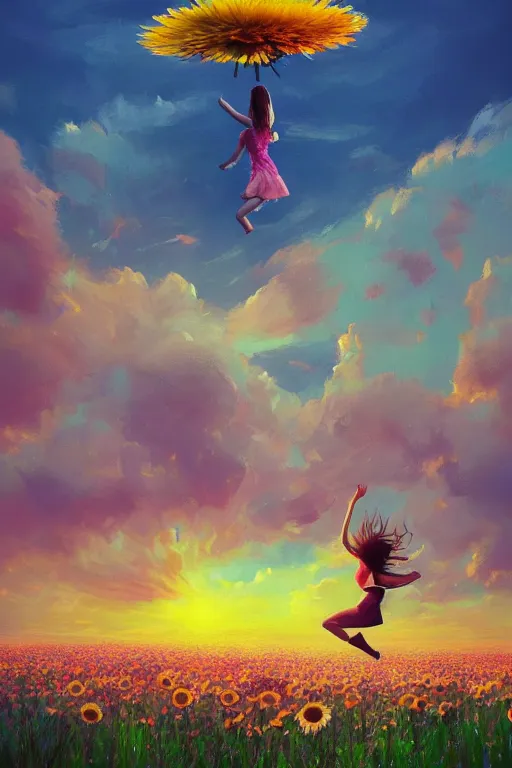 Image similar to giant daisies flower as head, girl jumping in a flower field, surreal photography, sunrise, dramatic light, impressionist painting, colorful clouds, digital painting, artstation, simon stalenhag