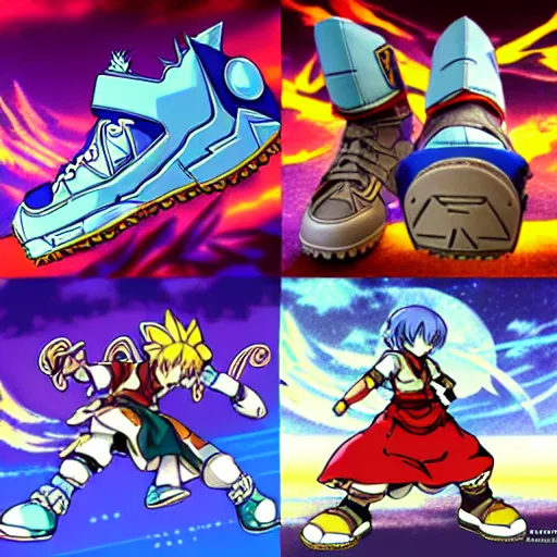 Prompt: fantasy jrpg sneaker design designed by capcom megaman, chrono trigger guilty gear sneaker styles, aztec mayan street fashion native punk sneaker design, focus on megaman hip hop sneaker design with subtle mayan patterns, trending on pixiv fanbox, painted by akira toriyama and studio ghibli princess mononoke megaman capcom