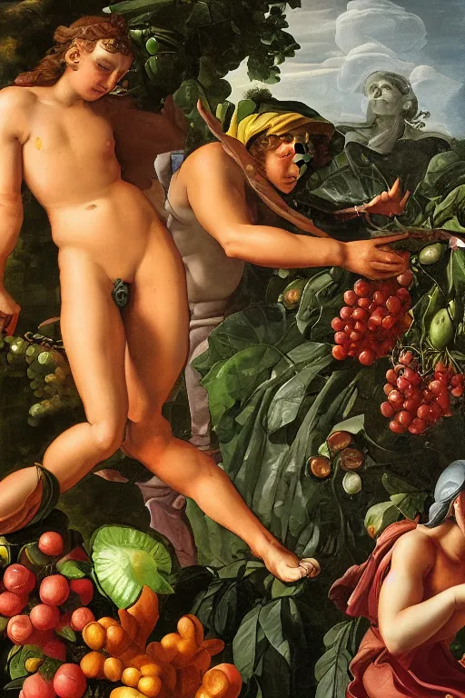 Image similar to cyborg and human, garden with fruits on trees, closeup, ultra detailed, Guido Reni style