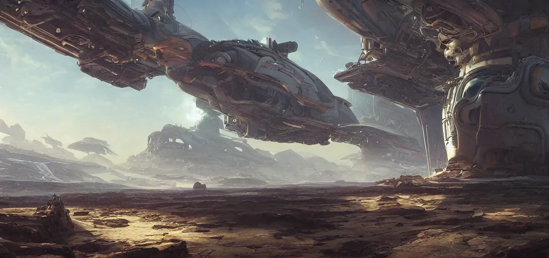 Prompt: landscape painting of a futuristic rugged spaceship landing on an alien world, colonisation, ultra realistic, concept art, intricate details, eerie, highly detailed, photorealistic, octane render, 8 k, unreal engine. art by artgerm and greg rutkowski and alphonse mucha