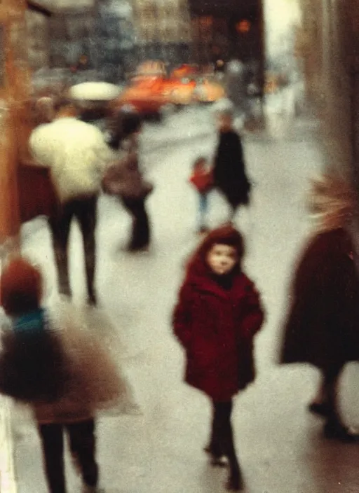 Prompt: blurry, street photography by saul leiter, quints, red, pale