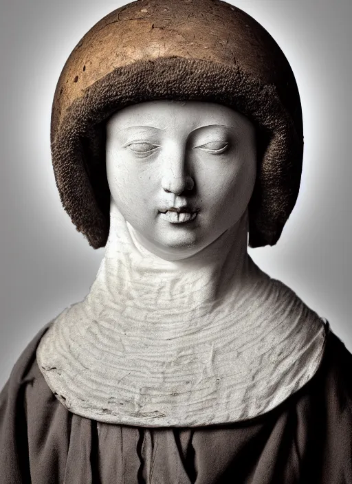 Image similar to realistic photo portrait of a a medieval antique old wooden sculpture of a female monk dressed white spherical fluffy hat helmet, greyscale 1 9 9 0, life magazine photo, natural colors,