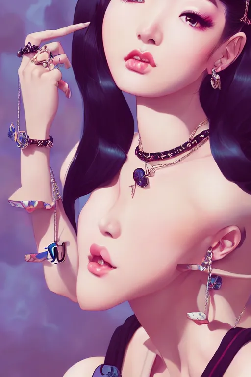 Image similar to a pin up and beautiful fashion dreamlke japan girl with lv jewelry, character art, art by artgerm and wlop and and ilya kuvshinov, hyperdetailed, 8 k realistic, symmetrical, frostbite 3 engine, cryengine, dof, trending on artstation, digital art, chanel, dior, fantasy background