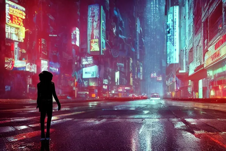 Image similar to VFX movie of a futuristic cat walking through a cyberpunk city rainy night natural lighting by Emmanuel Lubezki