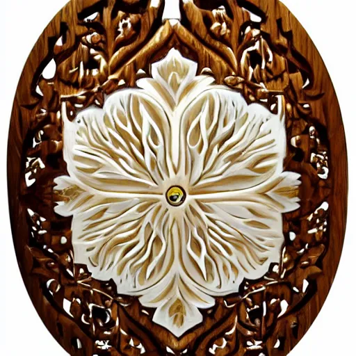 Image similar to wood carved mendala hyper realistic detailed luminous ivory and gold inlay