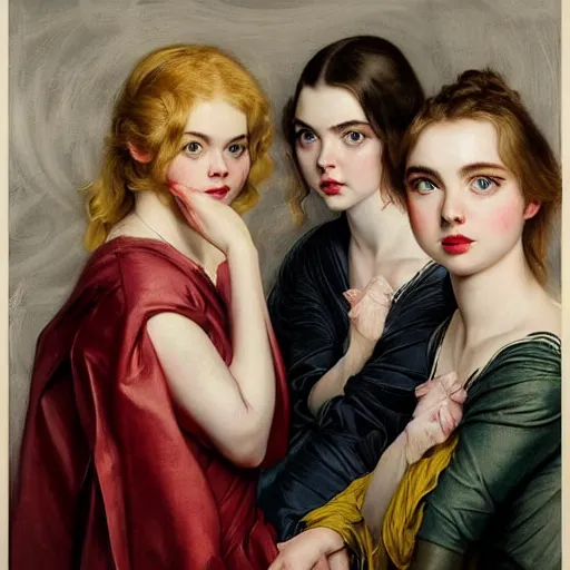 Prompt: elle fanning, ana de armas, anya taylor joy in prey picture by j. c. leyendecker and peter paul rubens, asymmetrical, dark vibes, realistic painting, organic painting, matte painting, geometric shapes, hard edges, graffiti, street art : 2 by j. c. leyendecker and peter paul rubens : 4