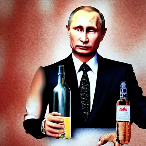 Image similar to vladimir putin wearing a mini skirt and holding a bottle of arak, cinematic, beautiful digital painting, hyper detailed