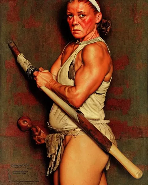 Prompt: portrait of a savage muscular barbarian female, by norman rockwell