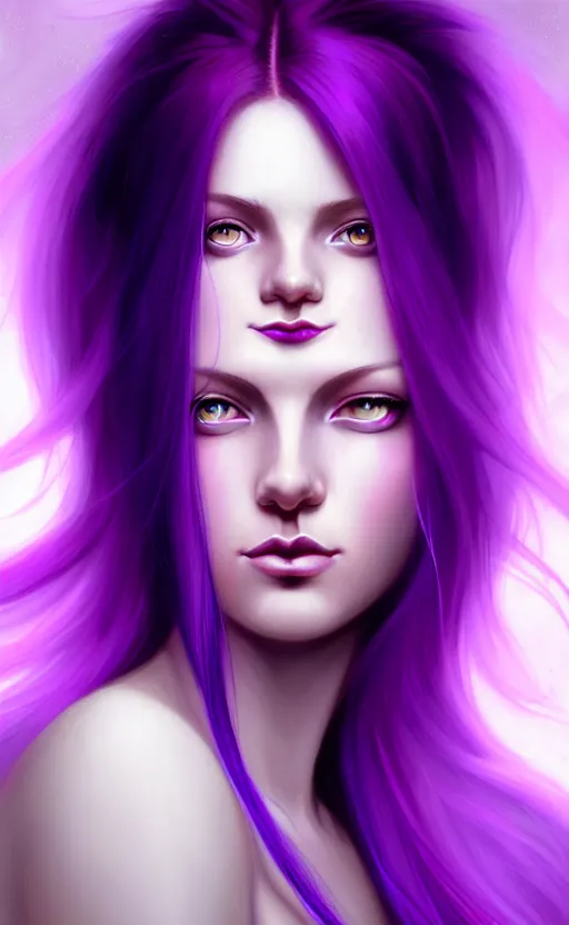 Image similar to Purple hair relistic Portrait of a woman with bright colored flying hair, all shades of purple. Hair coloring, long hair, blue eyes, fantasy, intricate, elegant, highly detailed, digital painting, artstation, concept art, smooth, sharp focus, illustration, art by artgerm and greg rutkowski and alphonse mucha