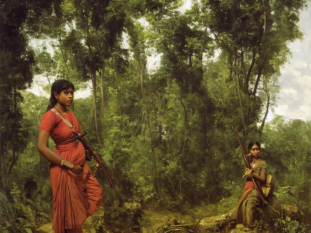 Image similar to sri lankan woman holding an ak 4 7 in a jungle next to an anc 8 8 ient ruin, by camille corot, third - person, f / 2 2, kinemacolor, rim lights, insanely detailed and intricate, hypermaximalist, elegant, ornate, hyper realistic, super detailed