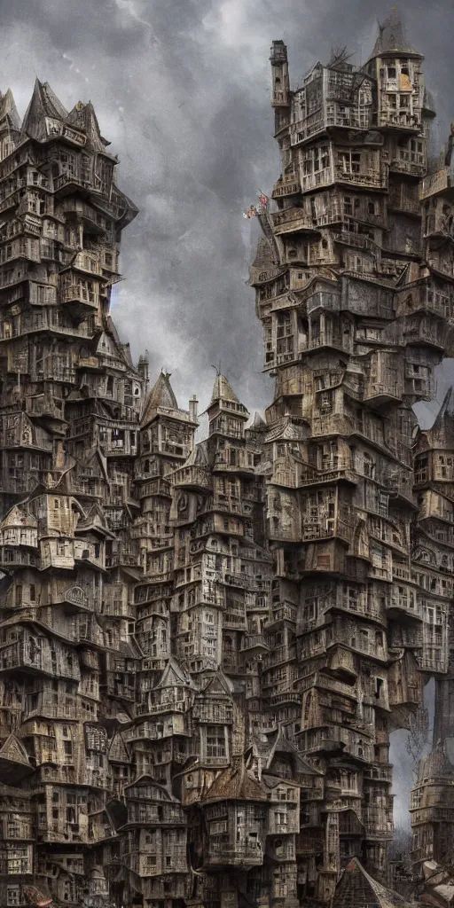 Prompt: an infinite amount of medieval houses stacked on each other, creating a monolith, concept art, very very very very tall, trending on deviantart, movie still, award wining photograph