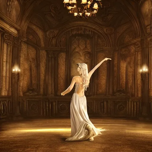 Prompt: digital matte painting of daenerys targaryen dancing alone in a dark gothic style ballroom, detailed face dark dramatic mysterious style of luis royo, 8 0 mm camera, high detail, hd 8 k