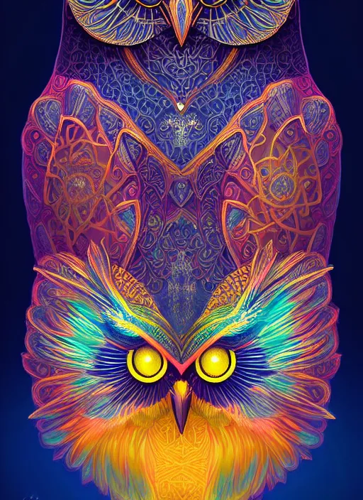 Image similar to symmetry!! product render poster vivid colors divine proportion owl, 神 圣, glowing fog intricate, elegant, highly detailed, digital painting, artstation, concept art, smooth, sharp focus, illustration,