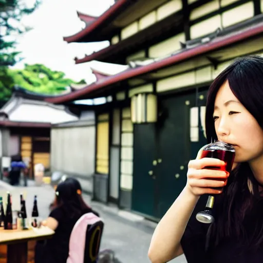 Prompt: japanese girl drinking beer near a pub