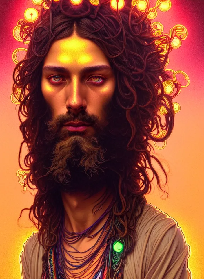 Image similar to symmetry!! portrait of a hippie man, boho outfit, neon glowing eyes!! ambient, intricate, elegant, highly detailed, digital painting, artstation, symmetric concept art, smooth, sharp focus, illustration, art by artgerm and greg rutkowski and alphonse mucha, 8 k