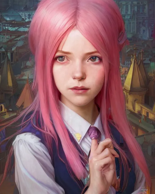 Image similar to portrait of an innocent lost college girl with pink hair, magic school uniform, fantasy building, intricate, sharp focus, lens flare, bloom, rim light, illustration, highly detailed, digital painting, concept art, matte, art by wlop and artgerm and greg rutkowski and alphonse mucha, masterpiece