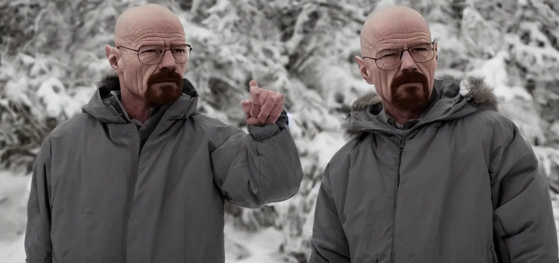 Prompt: walter white wearing a disguise and a heavy winter jacket